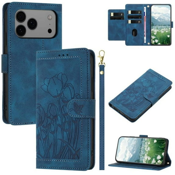 Leather For Apple iPhone 17 Pro Case Orchids&Butterflies Embossed 5-card Flip Wallet Leather Case With Card Holder Magnetic Closure Phone Cases Cover With Hand Strap,Blue,For iPhone 17 Pro