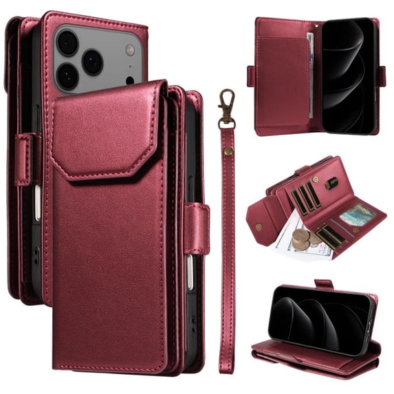 Leather For Apple iPhone 17 Pro Case Wallet With 11-Card Holder & Bills Slot, With Wrist Strap Soft PU Leather Magnetic For Women Wallet Case,Wine Red,For iPhone 17 Pro