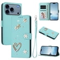 thumbnail image 1 of Leather For Apple iPhone 17 Pro Max Case Double Layered Heart-shaped Flower Flip Wallet Leather Case, Card Holder Magnetic Closure  Phone Cases Cover With Hand Strap,Green,For iPhone 17 Pro Max, 1 of 8