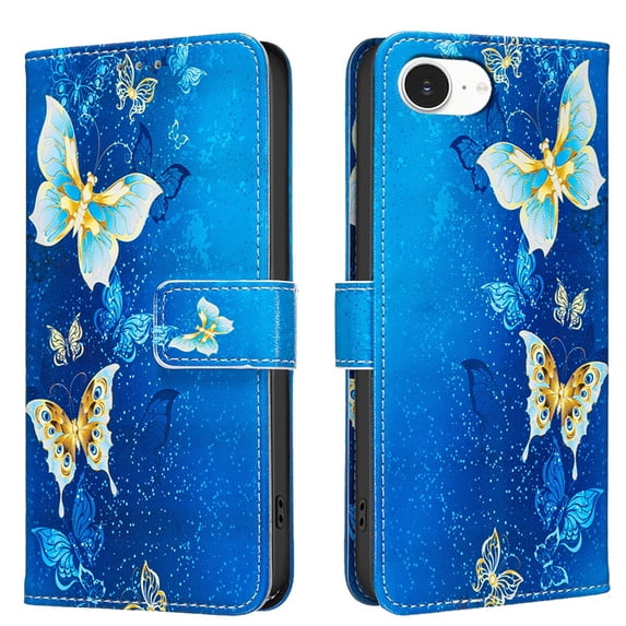 Leather For Apple iPhone 17e / 16e 6.1-inch Wallet Case Butterflys&Flowers, With Card Holder,Wristband,Magnetic Clasp Kickstand Folio Cover,Color-3,For iPhone 17e / 16e