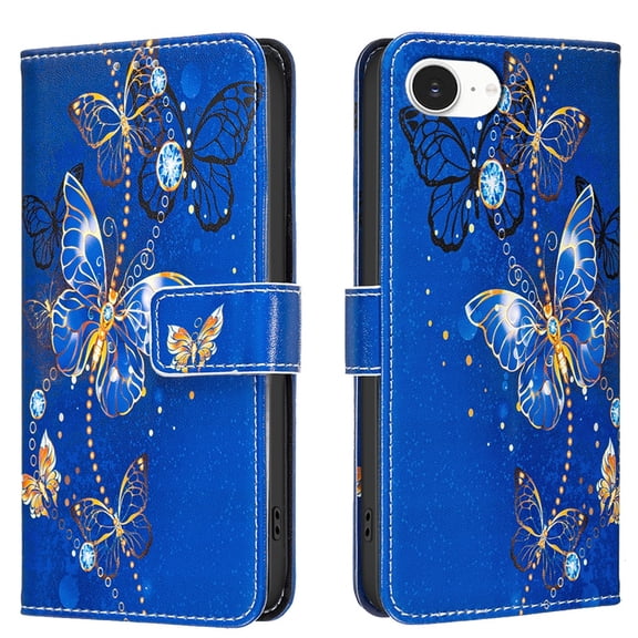 Leather For Apple iPhone 17e / 16e 6.1-inch Wallet Case Butterflys&Flowers, With Card Holder,Wristband,Magnetic Clasp Kickstand Folio Cover,Color-6,For iPhone 17e / 16e