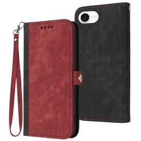 Leather For Apple iPhone 17e / 16e Case, Flip Wallet Leather Case With Card Holder Magnetic Closure Shockproof Kickstand Protective Phone Cases Cover With Hand Strap,Red,For iPhone 17e / 16e