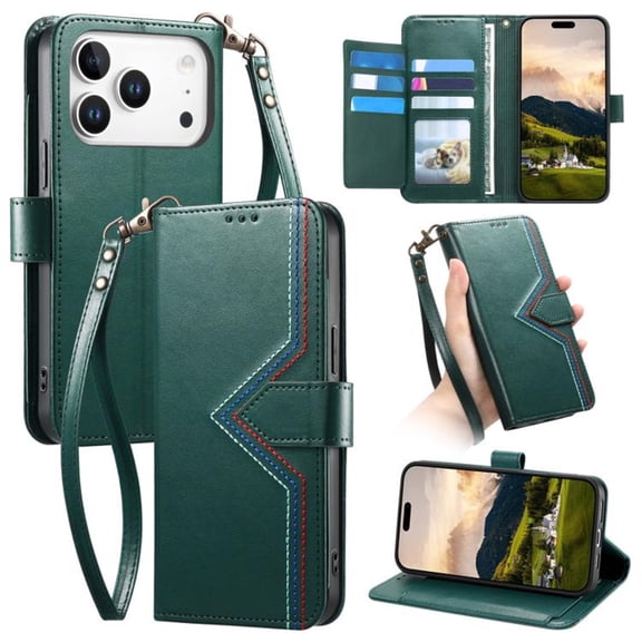 Leather For Apple iPhone 18 Pro / 17 Pro Multi Colored Sewing Thread Wallet Case , With Card Holder,Wristband,Magnetic Clasp Kickstand Folio Cover,Green
