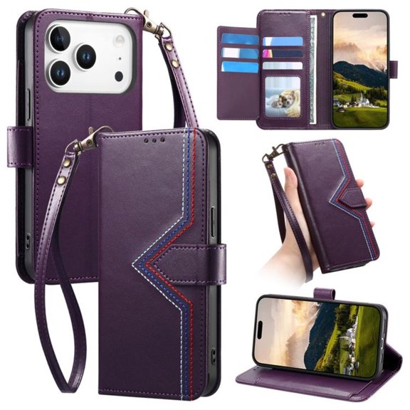 Leather For Apple iPhone 18 Pro / 17 Pro Multi Colored Sewing Thread Wallet Case , With Card Holder,Wristband,Magnetic Clasp Kickstand Folio Cover,Purple