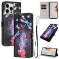 thumbnail image 1 of Leather For Apple iphone 16 Pro 6.3-inch Wallet Case Embossed Painted Butterflys&Flowers Pattern, With Card Holder,Wristband,Magnetic Clasp Kickstand Folio Cover,Color-6,For iphone 16 Pro, 1 of 8