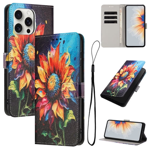 Leather For Apple iphone 16 Pro Max 6.9-inch Wallet Case Embossed Painted Butterflys&Flowers Pattern, With Card Holder,Wristband,Magnetic Clasp Kickstand Folio Cover,Color-1,For iphone 16 Pro Max