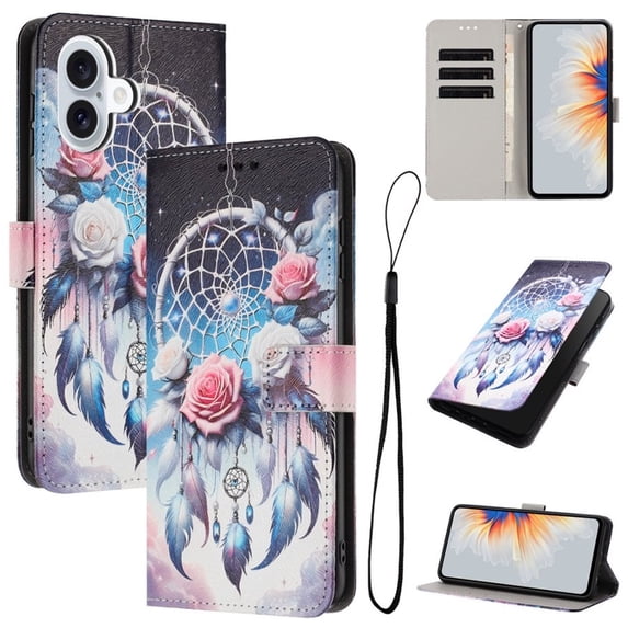 Leather For Apple iphone 17 6.3-inch Wallet Case Embossed Painted Butterflys&Flowers Pattern, With Card Holder,Wristband,Magnetic Clasp Kickstand Folio Cover,Color-8,For iphone 17