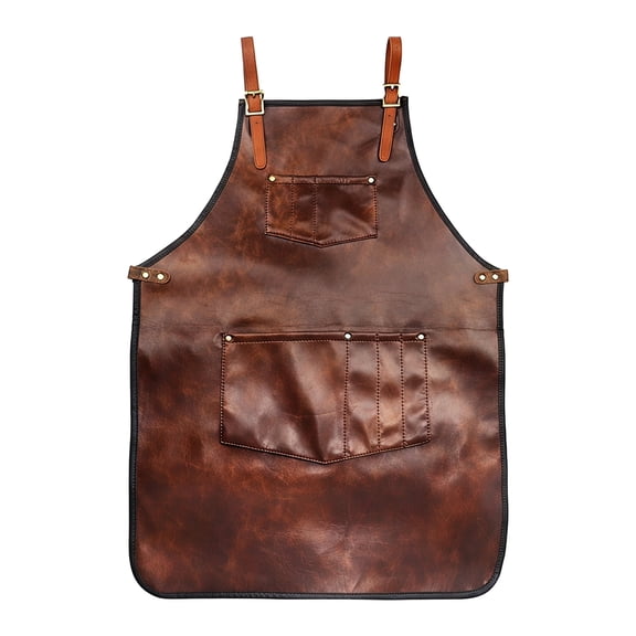 Waterproof Leather Work Apron with Pockets, Adjustable Cross Back Straps for Kitchen BBQ Welding Barista, Brown Men Women