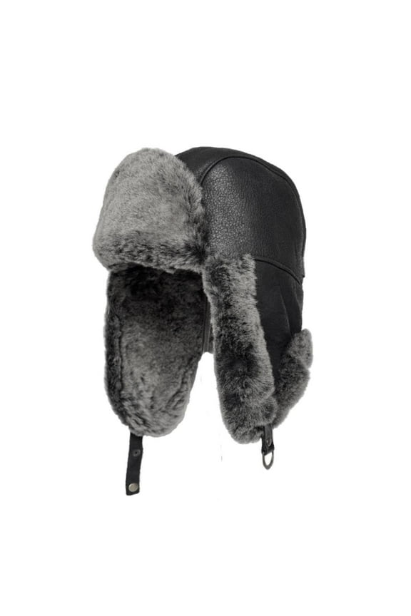 Leather Aviator  Ushanka Trapper Shearling Sheepskin Fur Ear Flap Waterproof Winter Hat (US, Alpha, 3X-Large, Black/Gray)