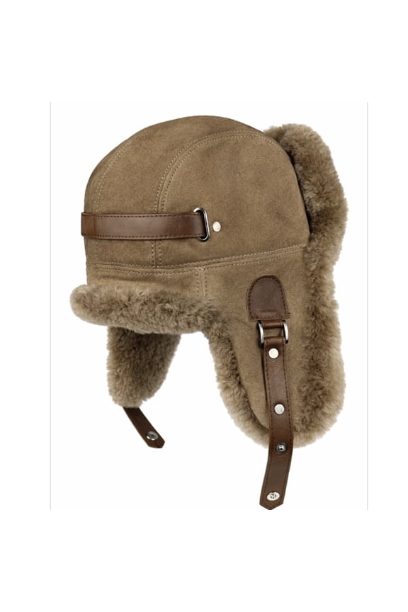 Leather Aviator Russian Ushanka Trapper Shearling Sheepskin Fur Ear Flap Waterproof Winter Hat (Camel)