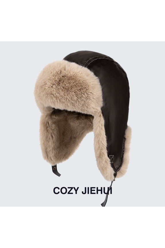 Leather Aviator Style Imitation Wool Lined Russian Style Leather Hat Hunter Hat Russian Sheepskin Hat Imitation Fur Winter Hat with Earflaps Unisex
