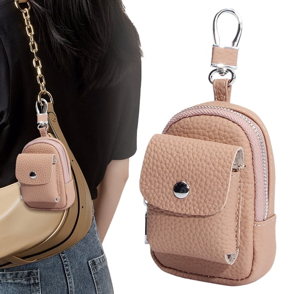 Leather Backpack Keychain Cute Travel Purse Makeup Bag For Women Compact Organizer With Carabiner Clip