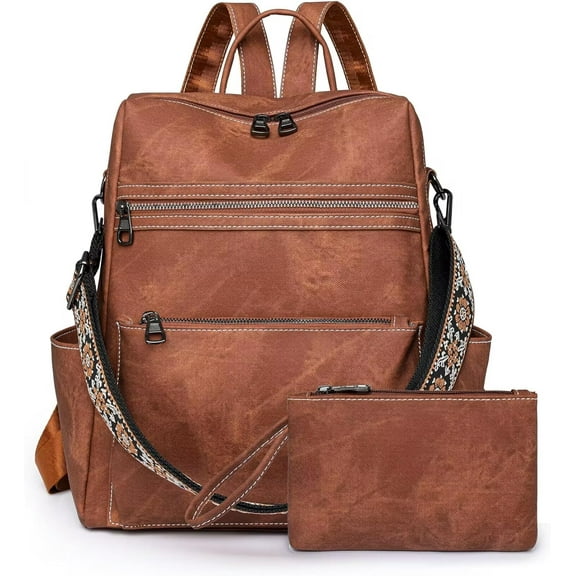 Leather Backpack Purse for Women, Fashion Designer Shoulder Bag Ladies Travel Convertible Handbags (Brown)