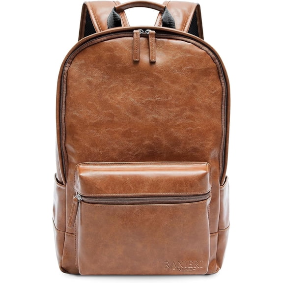 Leather Backpack - Ranieri Vintage Vegan PU Stylish 13-inch Laptop Bag for College, Travel, and Hiking - Durable Rucksack Daypack with Shoulder Straps - Unisex Design - Spacious, Brown