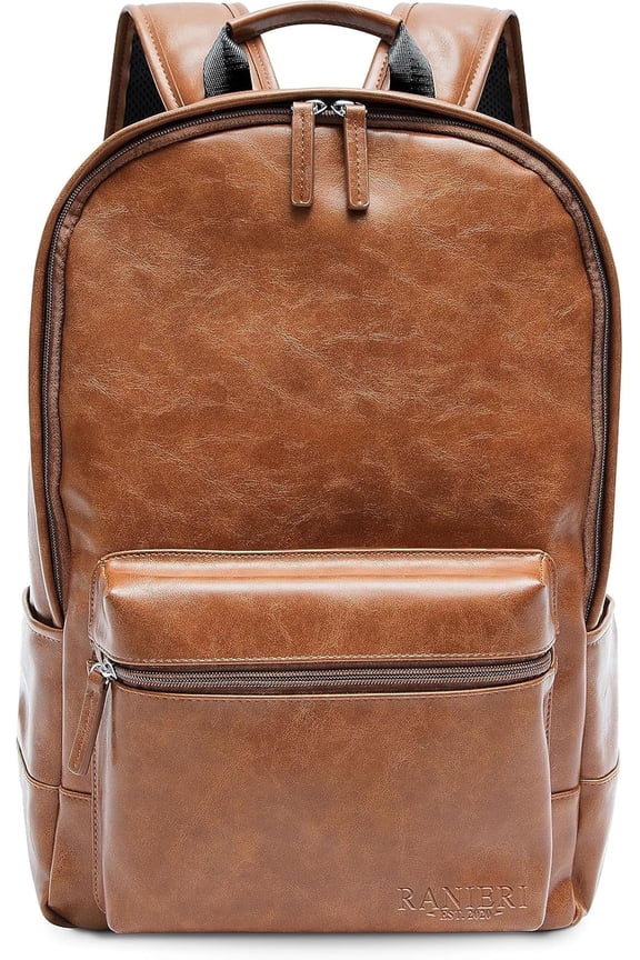Leather Backpack - Ranieri Vintage Vegan PU Stylish 13-inch Laptop Bag for College, Travel, and Hiking - Durable Rucksack Daypack with Shoulder Straps - Unisex Design - Spacious, Brown