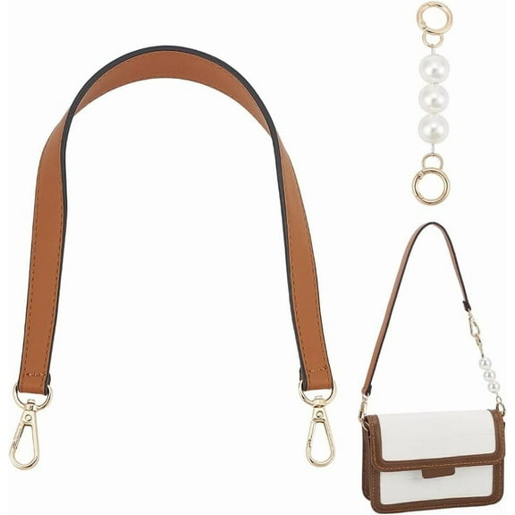 Leather Bag Handle with Pearl Bead Chain 19.5 Inch PU Leather Short Shoulder Bag Strap Replacement with 5.3 Inch Purse Strap Extender Handbag Handle Underarm Clutches Bag Strap Brown