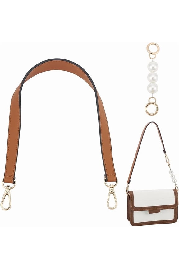 Leather Bag Handle with Pearl Bead Chain 19.5 Inch PU Leather Short Shoulder Bag Strap Replacement with 5.3 Inch Purse Strap Extender Handbag Handle Underarm Clutches Bag Strap Brown