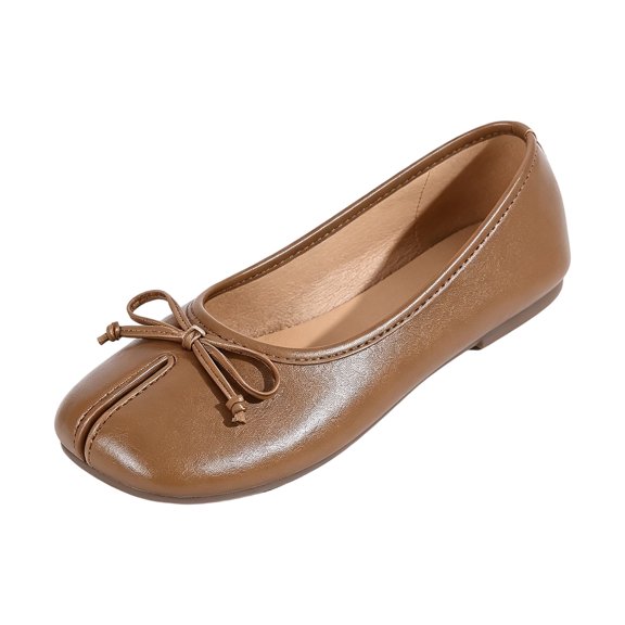 Leather Ballet Flats Shoes for Women Cute Bow Round Toe Wide Width Split Toe Low Heel Comfortable Low Cut Loafers Brown Size 7