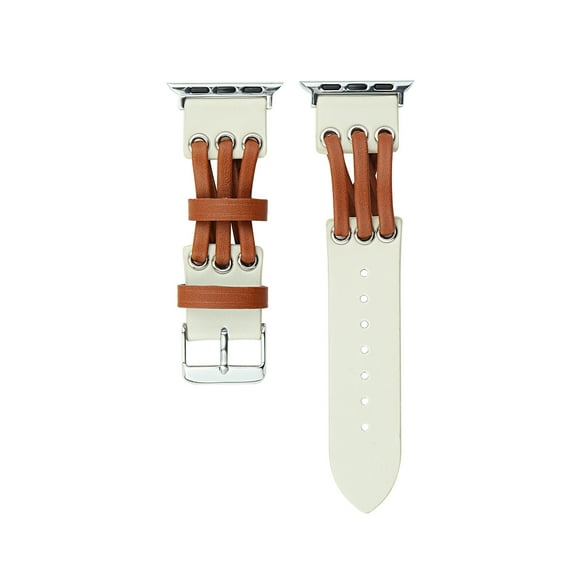 Leather Band Compatible with Apple Watch Band 42mm 44mm 45mm 49mm Ultra Women Men Dressy Breathable Rope Leather Strap for iWatch SE Series 9 8 7 6 5 4 3 2 1, WhiteBrown