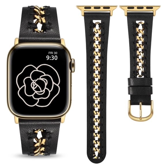 Leather Band Compatible with Apple Watch Bands 38/40/41/42/44/45/46/49mm Women, Dressy Premium Leather Strap with Stainless Steel Metal Chain for iWatch Series 11 10 9 8 7 6 5 4 SE/Ultra 3 2 1