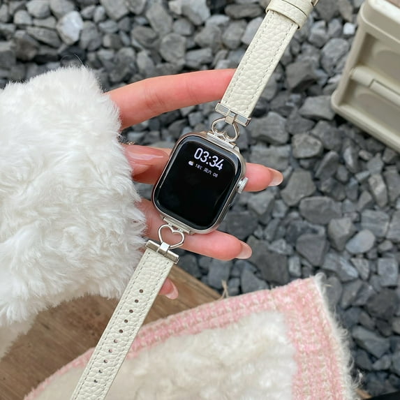 Leather Band Compatible for Apple Watch Bands Women 38/40/41/42mm Dressy Heart Design Slim Leather Strap with Adjustable Buckle Bracelet for iWatch Series 10/9/SE/8/7/6/5/4/3/2/1, White
