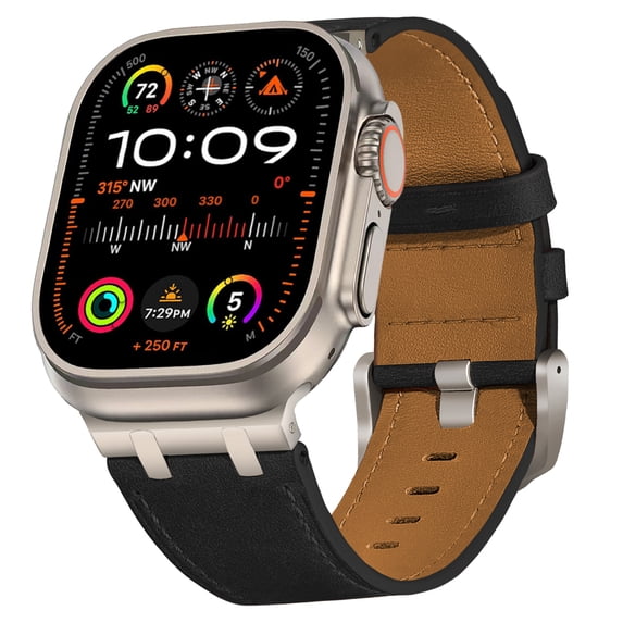 Leather Band Compatible for iWatch Series 10 9 8 7 6 5 4 3 SE 2 1 42/44/45/46mm Men Women, Premium Genuine Leather Strap Band with Vintage Edge Stitching for Apple Watch Ultra 2/1 49mm Band, Black