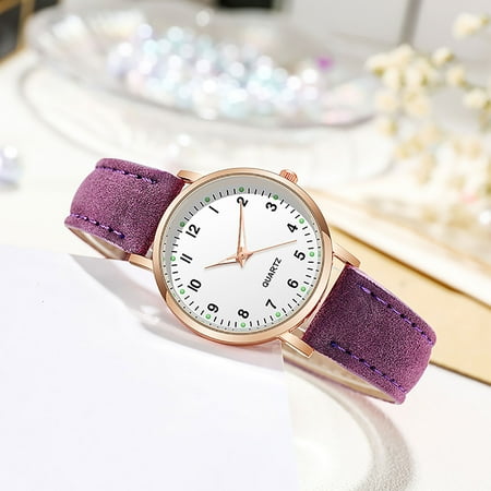 Leather Band Watches for Women, Classic Quartz Watch with Luminouse Easy Read Dial, Vintage Small Face Round Watches, Birthday Gift for Ladies (Purple)