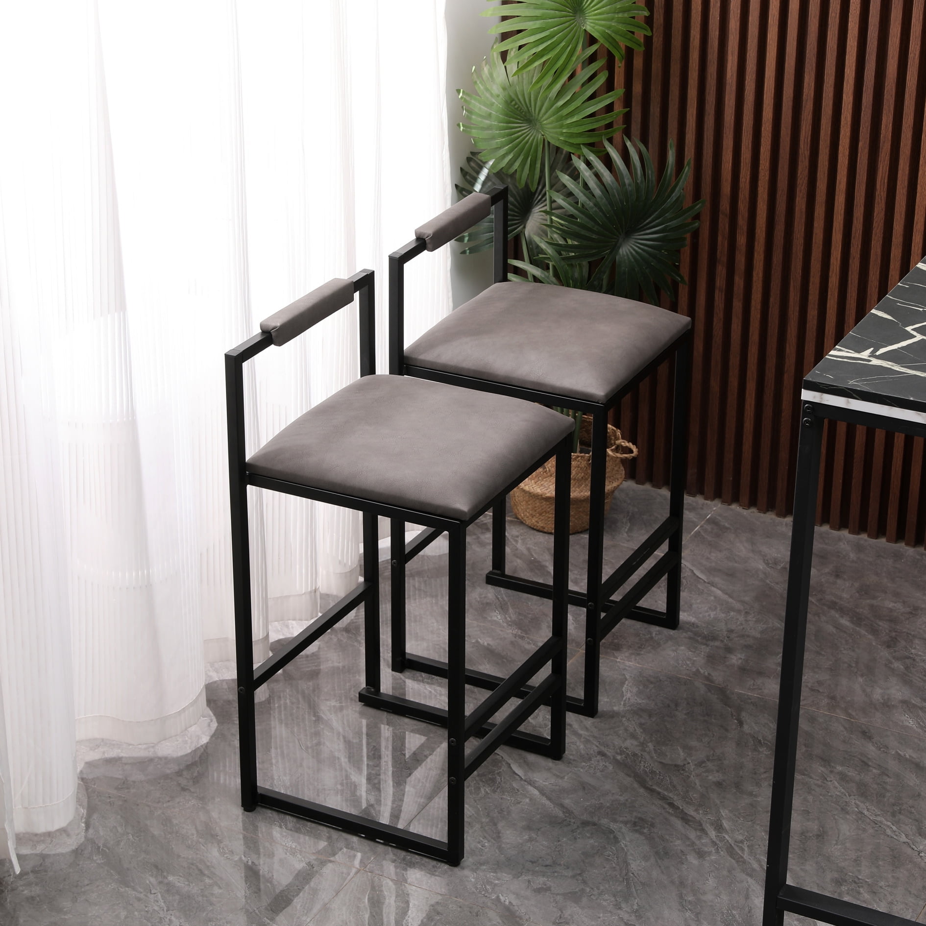 Leather Bar Stools Set of 2, Metal Bar Height Stools with Footrest and