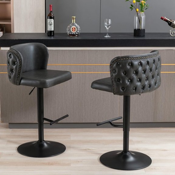 Leather Bar Stools Set of 2, Swivel Barstools bar Height Adjustable Counter Stool with Button Tufted Wingback and Black Chrome Metal , Bar Chairs for Kitchen Dining Room Pub, Dark Gray.