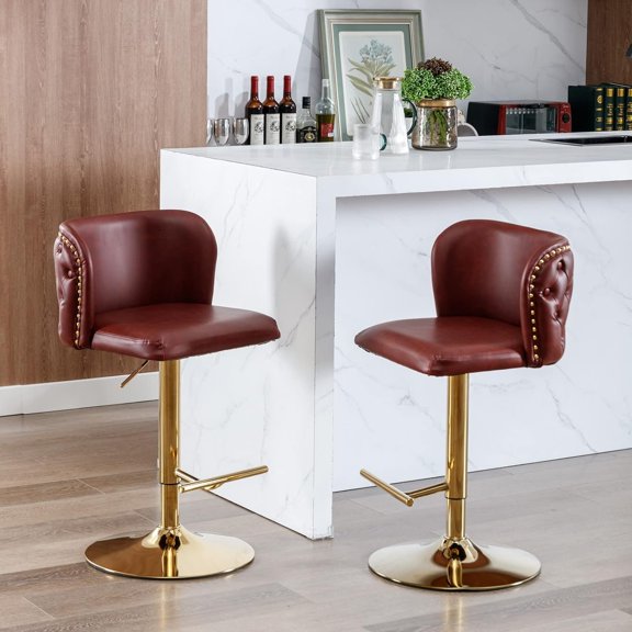 Leather Bar Stools Set of 2, Swivel Barstools bar Height Adjustable Counter Stool with  Button Tufted Wingback and  Chrome Metal , Bar Chairs for Kitchen  Dining Room Pub, Burgundy.