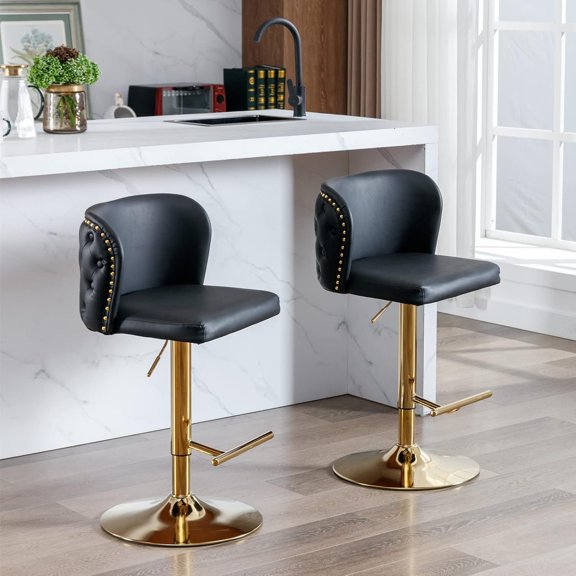 Leather Bar Stools Set of 2, Swivel Barstools bar Height Adjustable Counter Stool with Button Tufted Wingback and Chrome Metal , Bar Chairs for Kitchen Dining Room Pub, Black.