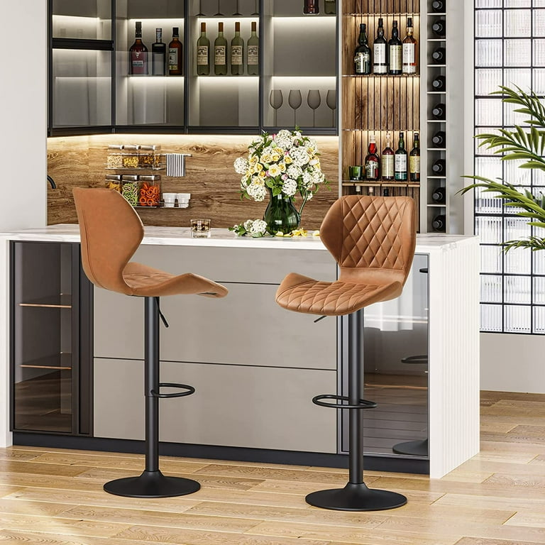 Leather Bar Stools Set of Brown Adjustable Bar Stools, Breakfast