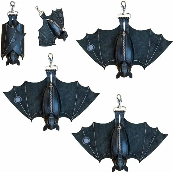 Leather Bat Coin Purse - 14 Inch Wingspan Suede Stitched Zippered Gothic Wallet for Keys Coins Essentials Hanging Accessory