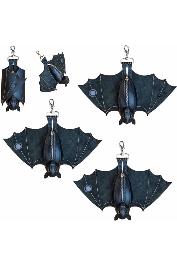 Leather Bat Coin Purse - 14 Inch Wingspan Suede Stitched Zippered Gothic Wallet for Keys Coins Essentials Hanging Accessory