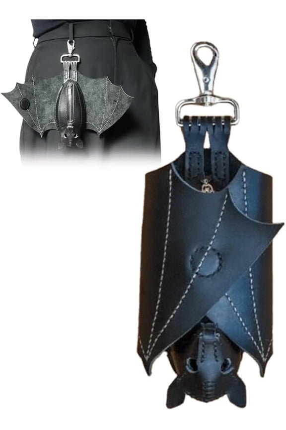 Leather Bat Coin Purse - 4 Inch Folded Size 14 Inch Wingspan Gothic Design Zippered Pouch for Coins Keys Essentials