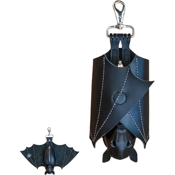 Leather Bat Coin Purse - Handcrafted 14 Inch Wingspan Gothic Style Suede Stitched Hanging Wallet for Belt Bag Attachment