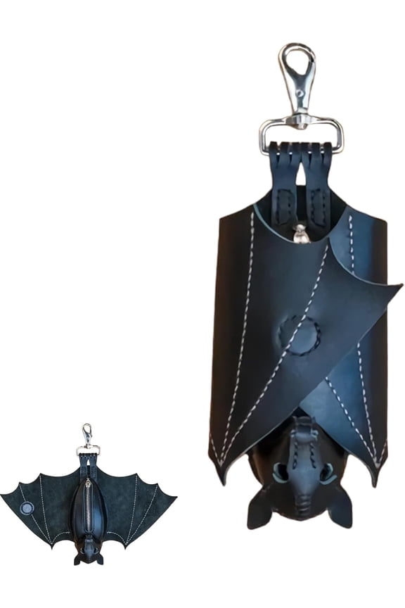 Leather Bat Coin Purse - Handcrafted 14 Inch Wingspan Gothic Style Suede Stitched Hanging Wallet for Belt Bag Attachment