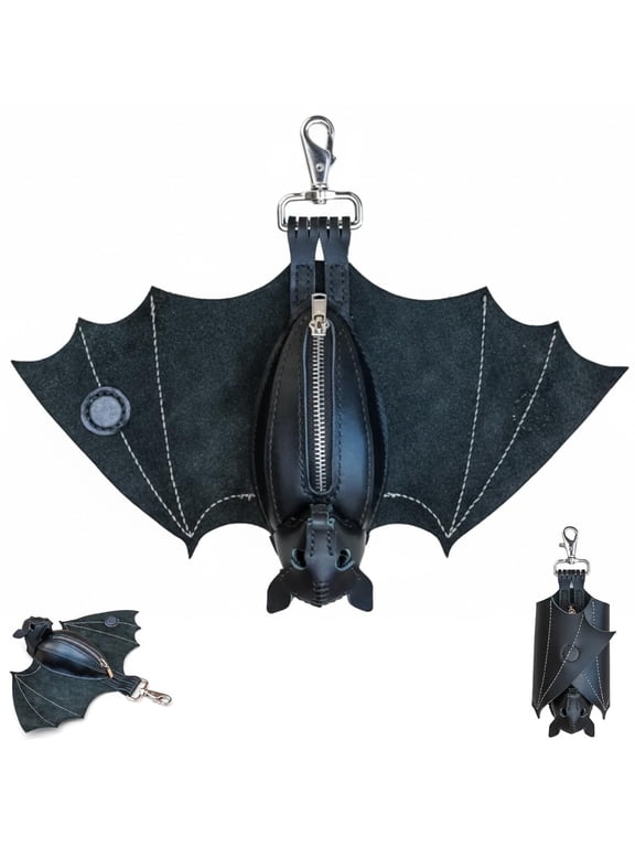 Leather Bat Coin Purse, Handmade Gothic Bat Coin Pouch with Wings, Hand-sewn Hanging Bat Zippered Coin Holder, Leather Suede Bat Keychain Wallet for Bags & Belts (1PC)