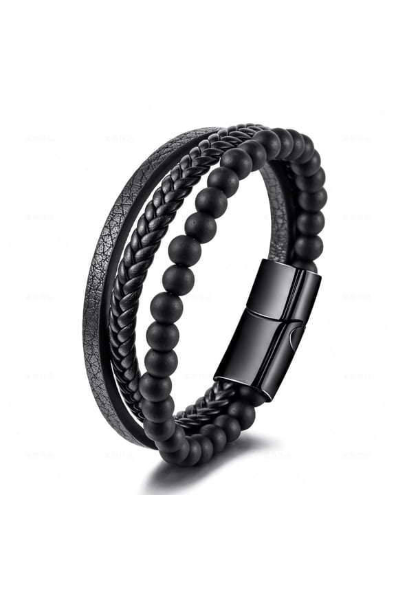 Leather Beads Bracelet Men, 8.46 in(21cm), Magnetic Clasp Steel Wristband Braided Cuff Tiger-Eye