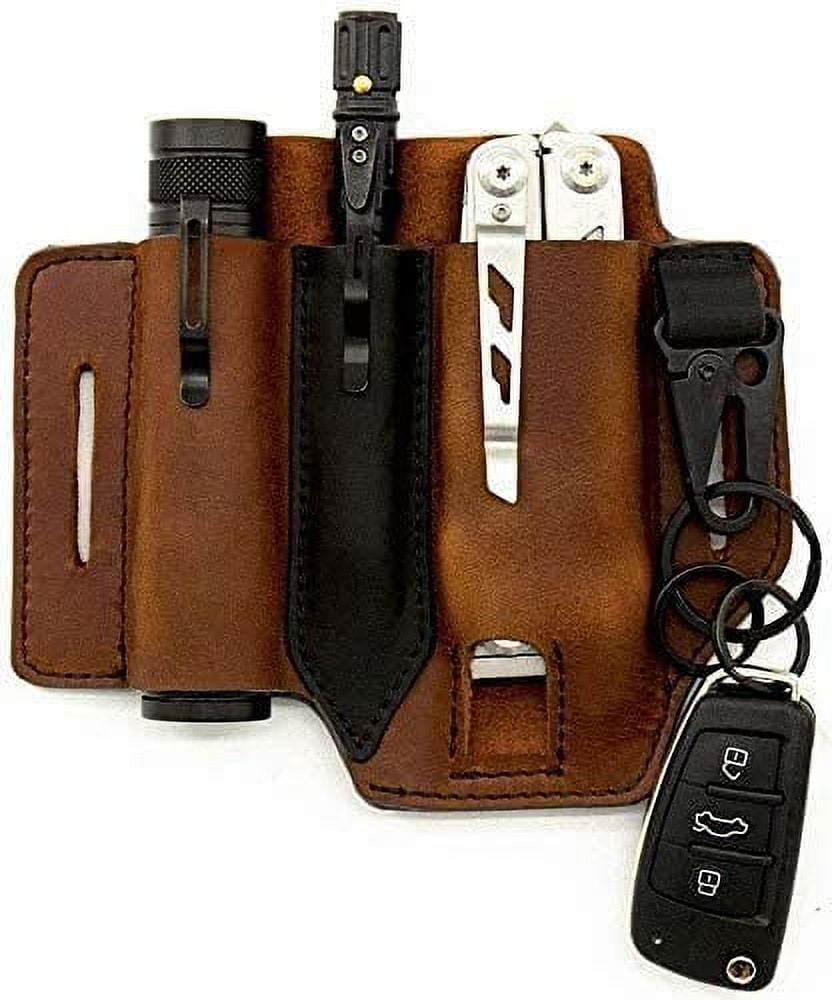 Leather Belt Loop Waist Multitool Sheath, EDC Pocket Organizer with Key