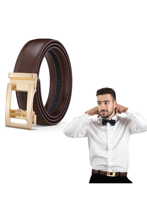 Leather Belt for Women and Men | Automatic Easy-Click Western Waist Belt | Adjustable No-Hole | Double-Sided Vegan Leather | Fashion Alloy Buckle | 3.5cm Wide | 110-130cm | For Jeans, Dress
