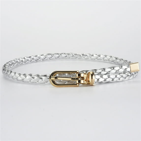 Leather Belts Women Braided Pu Leather Narrow Thin Buckle Strap Waist Belt All Waistband,Silver Polyester Belt