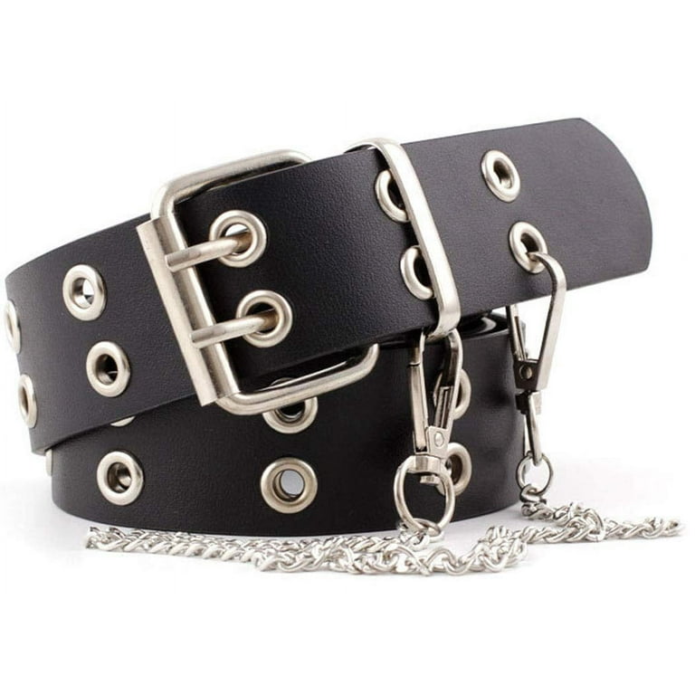 Women Double Grommet Studded Belts, Black Leather Belt For Women Men Punk Belt Grommet Leather Belt Women Men Black Belt with Double  main image 4