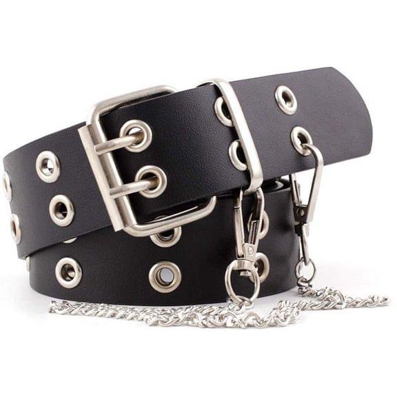 Leather Belts for Women, Double Grommet Belt Punk Studded Belt Rock Jeans Y2K Belt for Women Men, Womens Belts for Jean, Paired with Blouse, Dress, Black