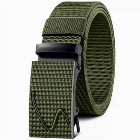 Leather Belts for Men Automatic Buckle Canvas Nylon Wave Embossed Metal Buckle Stretch Webbing Casual Outdoor Daily Belt Army Green L