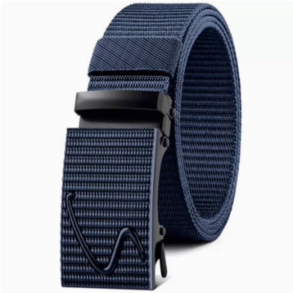 Leather Belts for Men Automatic Buckle Canvas Nylon Wave Embossed Metal Buckle Stretch Webbing Casual Outdoor Daily Belt Navy L