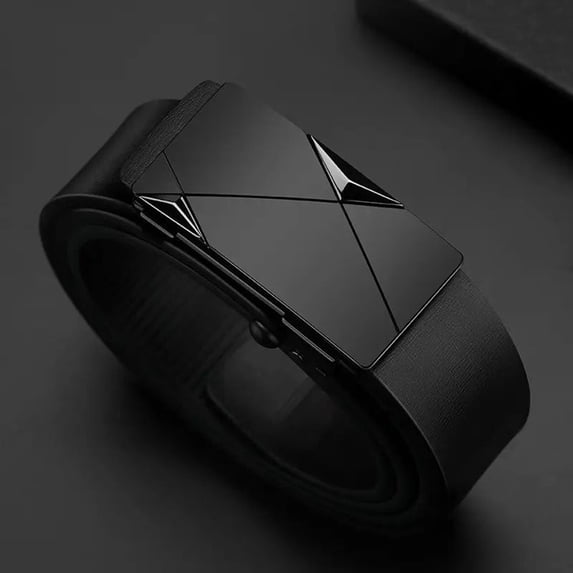 Leather Belts for Men Automatic Buckle Leather Geometric Spliced Metal Buckle Matte Strap Business Daily Versatile Waist Accessory Black 120cm