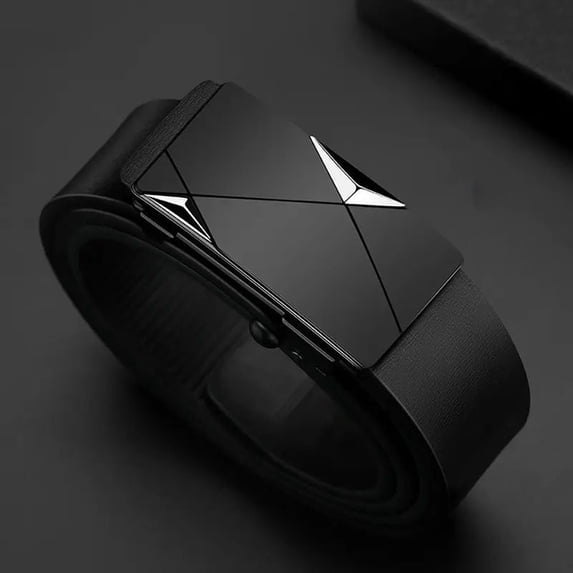 Leather Belts for Men Automatic Buckle Leather Geometric Spliced Metal Buckle Matte Strap Business Daily Versatile Waist Accessory Silver 110cm