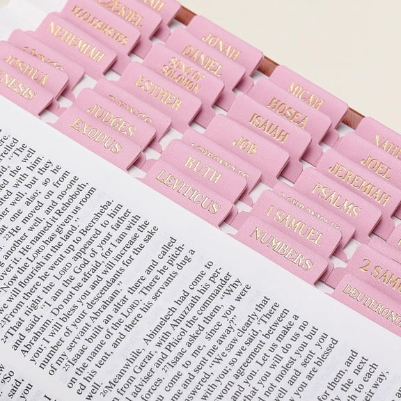 Leather Bible Tabs, Bible Tabs for Women and Men(Gold Foil Lettering) Large Print Stickers, Easy to Read and Apply, 66 Chapters & 14 Blank DIY Labels for Easy Navigation, Christian Accessories(Pink)