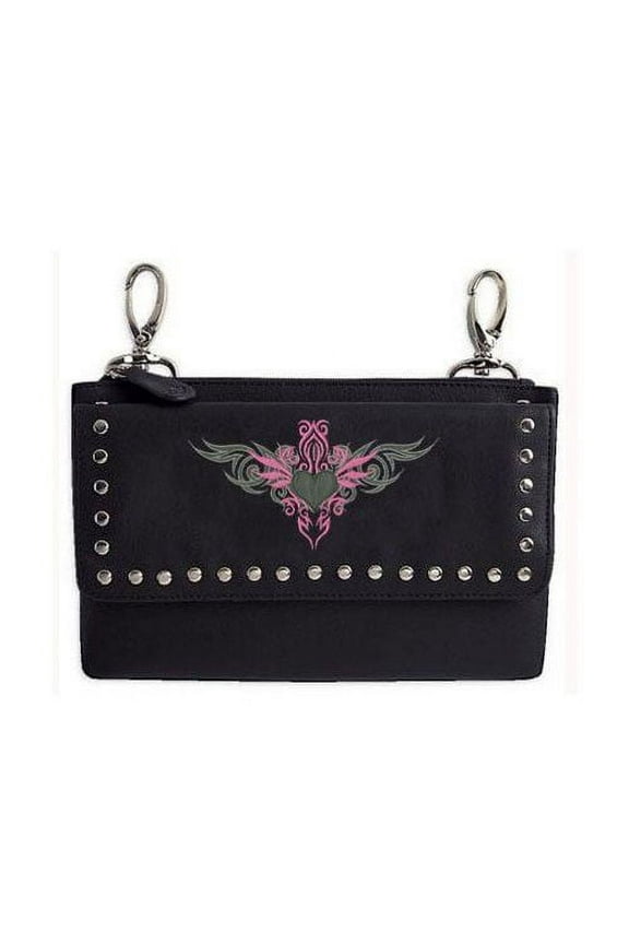 Leather Biker Hip Bag Purse, Embroidered Pink Tribal Design